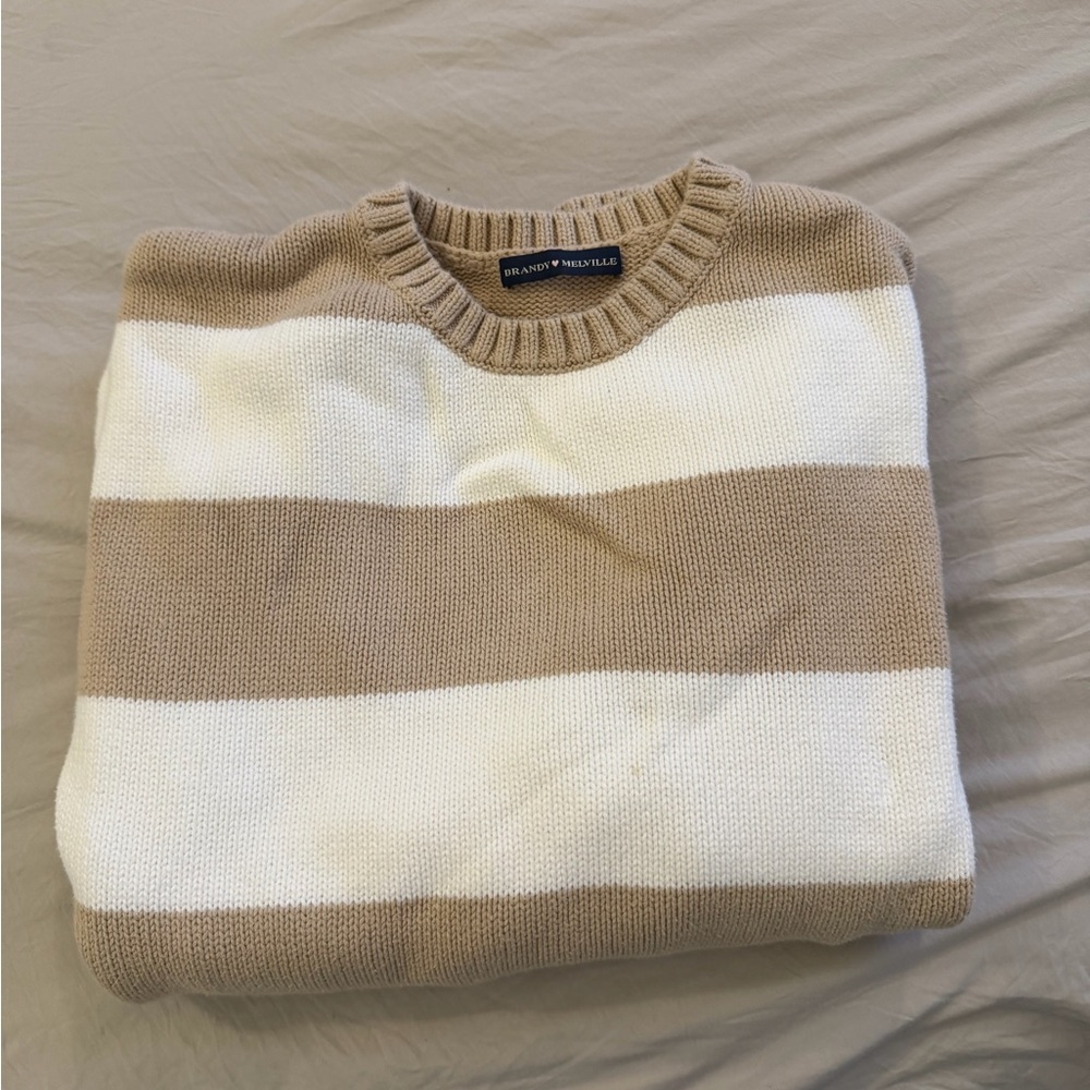 Brandy Melville Tan and White Striped Crewneck Sweater